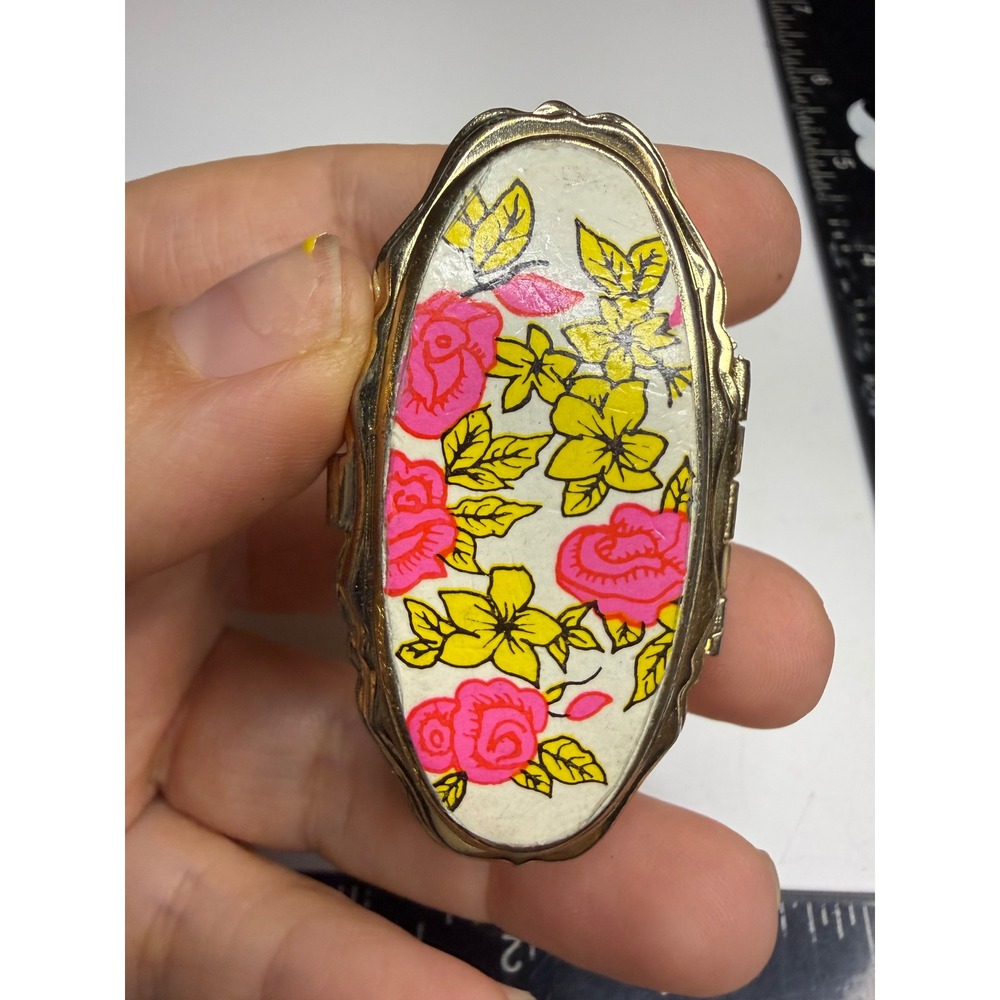 Vintage Hong Kong Floral Sewing Kit Gold Tone Pill Box Case Pink Rose Mirror